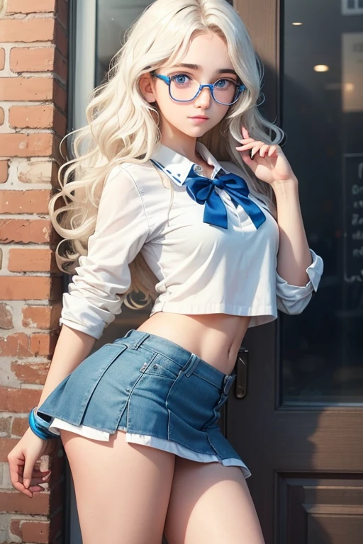 Teenager with wavy hair, white with blue eyes with glasses and mini skirt