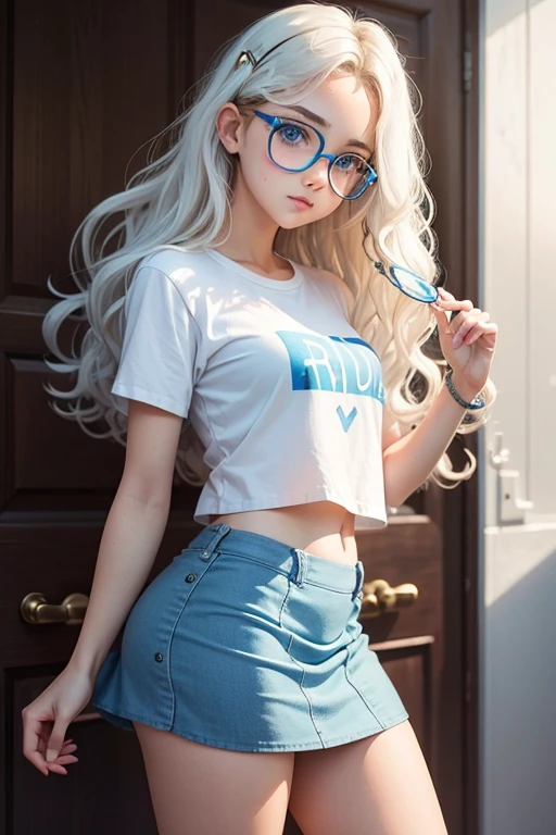 Teenager with wavy hair, white with blue eyes with glasses and mini skirt
