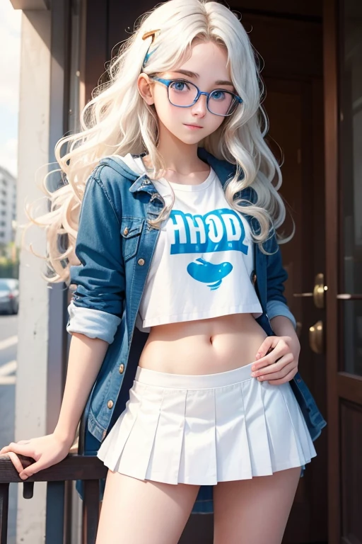 Teenager with wavy hair, white with blue eyes with glasses and mini skirt