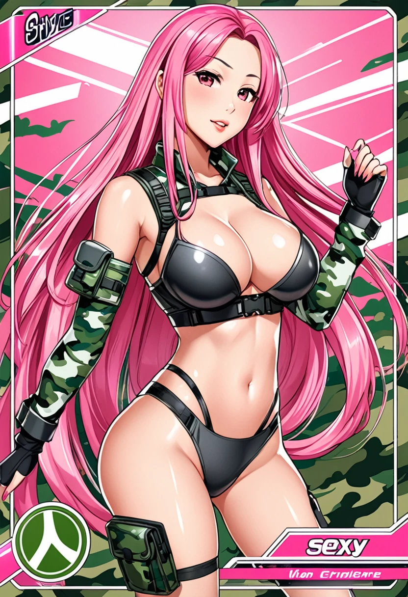 Sexy asian woman, very long pink hair, athletic, camo military style outfit, sexy waifu, trading card style art, metallic holo background