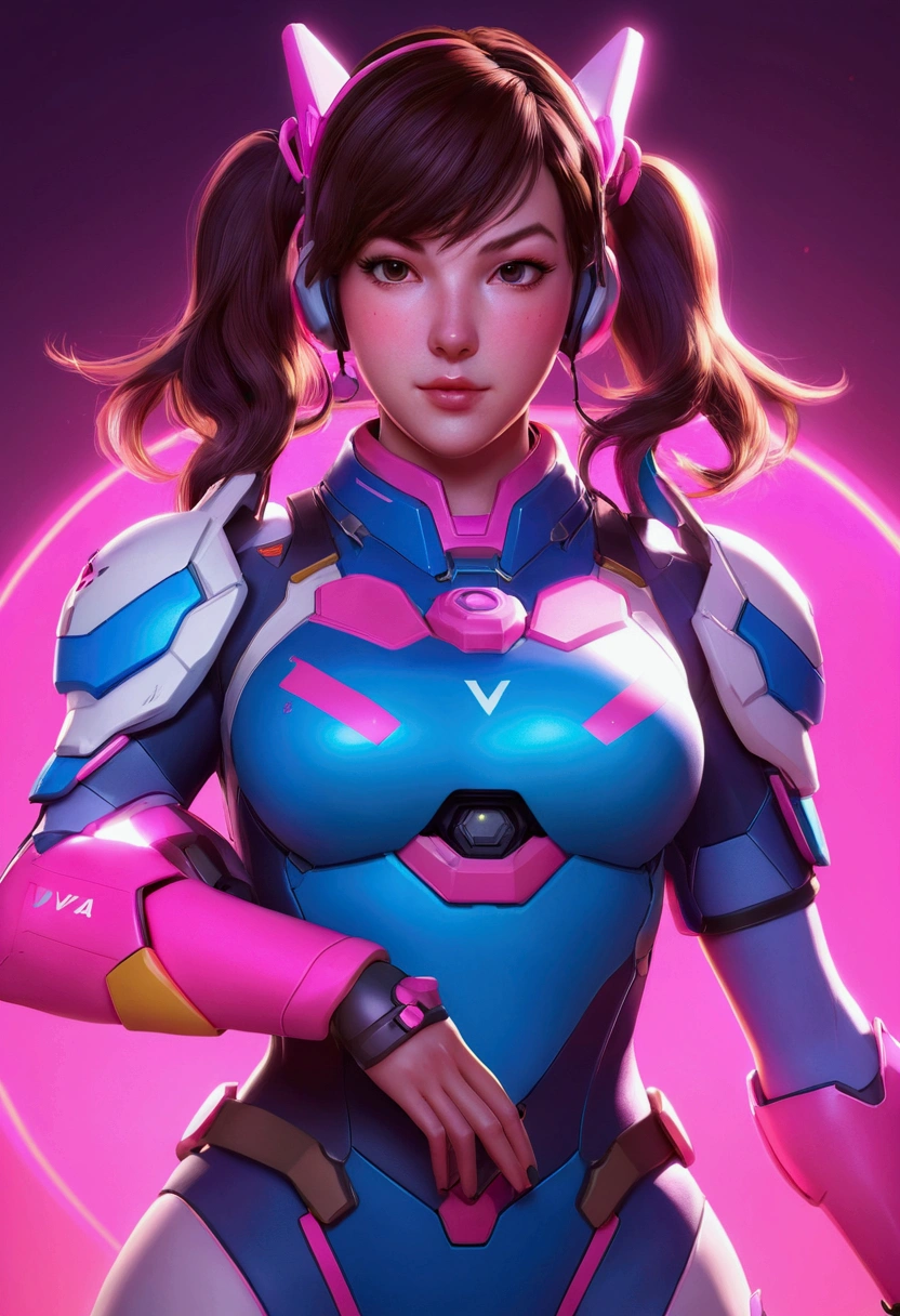 D.va from Overwatch, sexy, fanart, fighting pose, amazing detail, color grading, (glowing haze)++ (soft glow)+ digital art render, anime, pixar style, by rossdraws, wlop, ilya kuvshinov, 8k