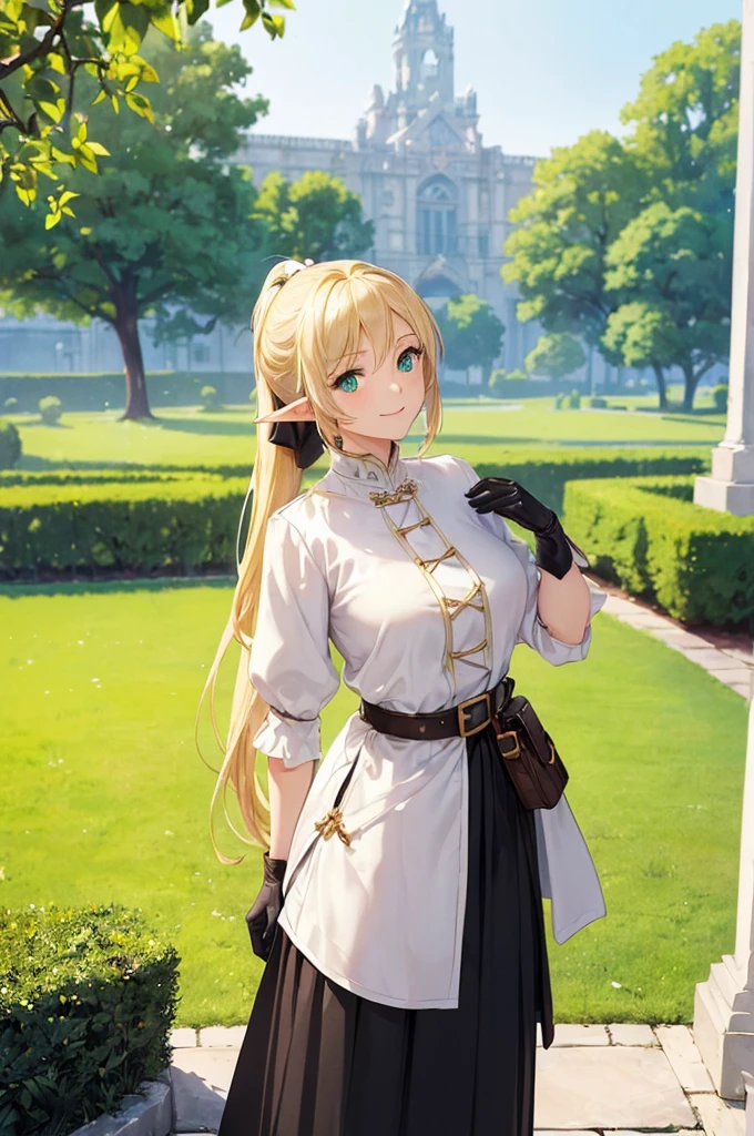 (((masterpiece; best quality: 1.2))), (finely detailed eyes: 1.3), (25 year old elf woman), (solo), (green eyes: 1.4), (body; buxom, fit, femenine: 1.3), (silky blonde hair in low ponytail: 1.3), (beautiful and clear background: 1.2), ((depth of field)), (equipment: adventurer attire + modest + long white tunic-coat + black longskirt + gloves + belt + pouches: 1.3), (anime illustration: 1.2), (background composition; royal garden: 1.1), (extremely fine and beautiful: 1.1), (shot composition; standing + centered on torso + close-up: 1.5), (expression; calm, smile: 1.2)