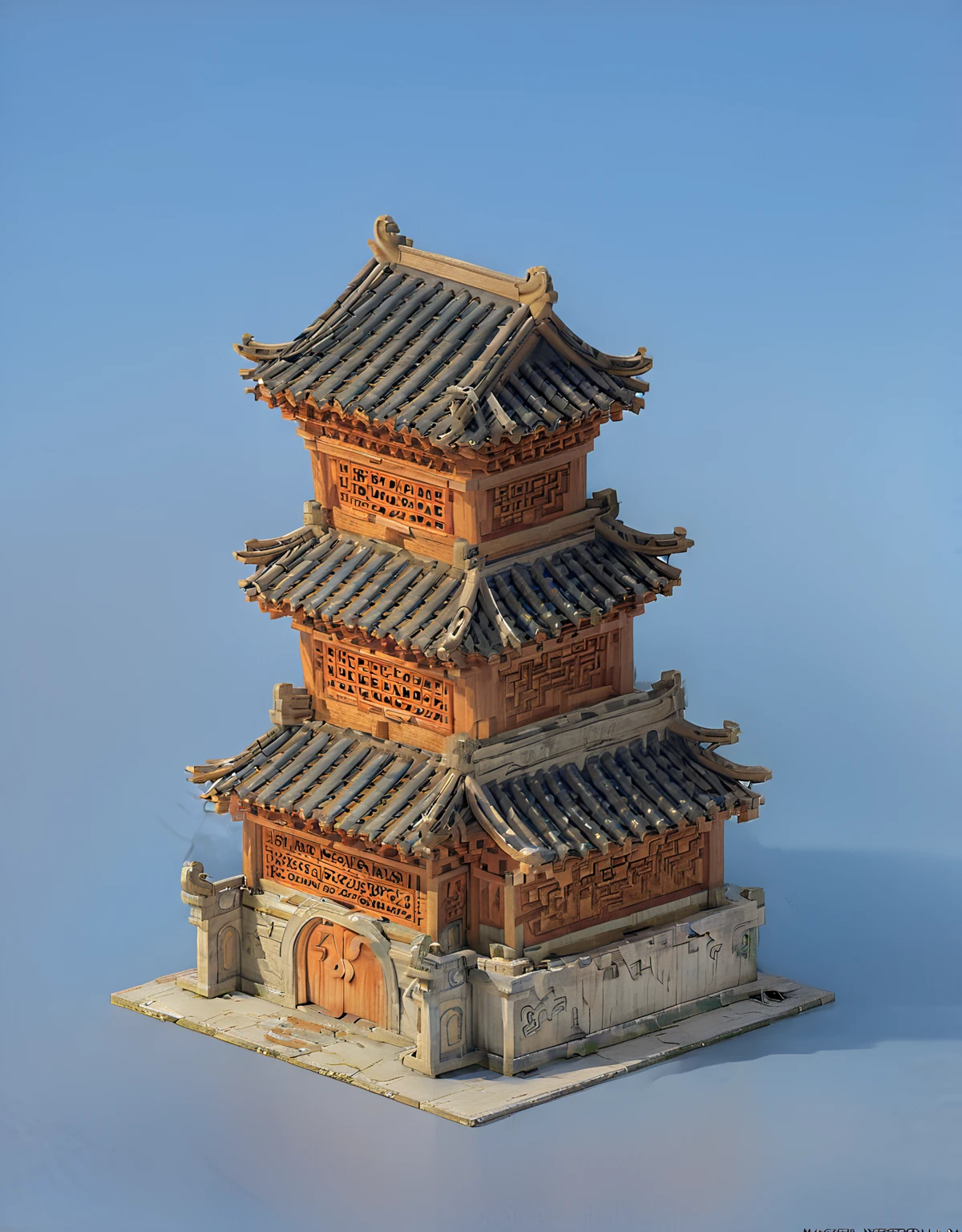 中Ancient buildings，高tower，temple，tower，Wooden structure，Mortise and tenon，Ancient buildings，Model style，Sky background，Single building，High-resolution details，best quality