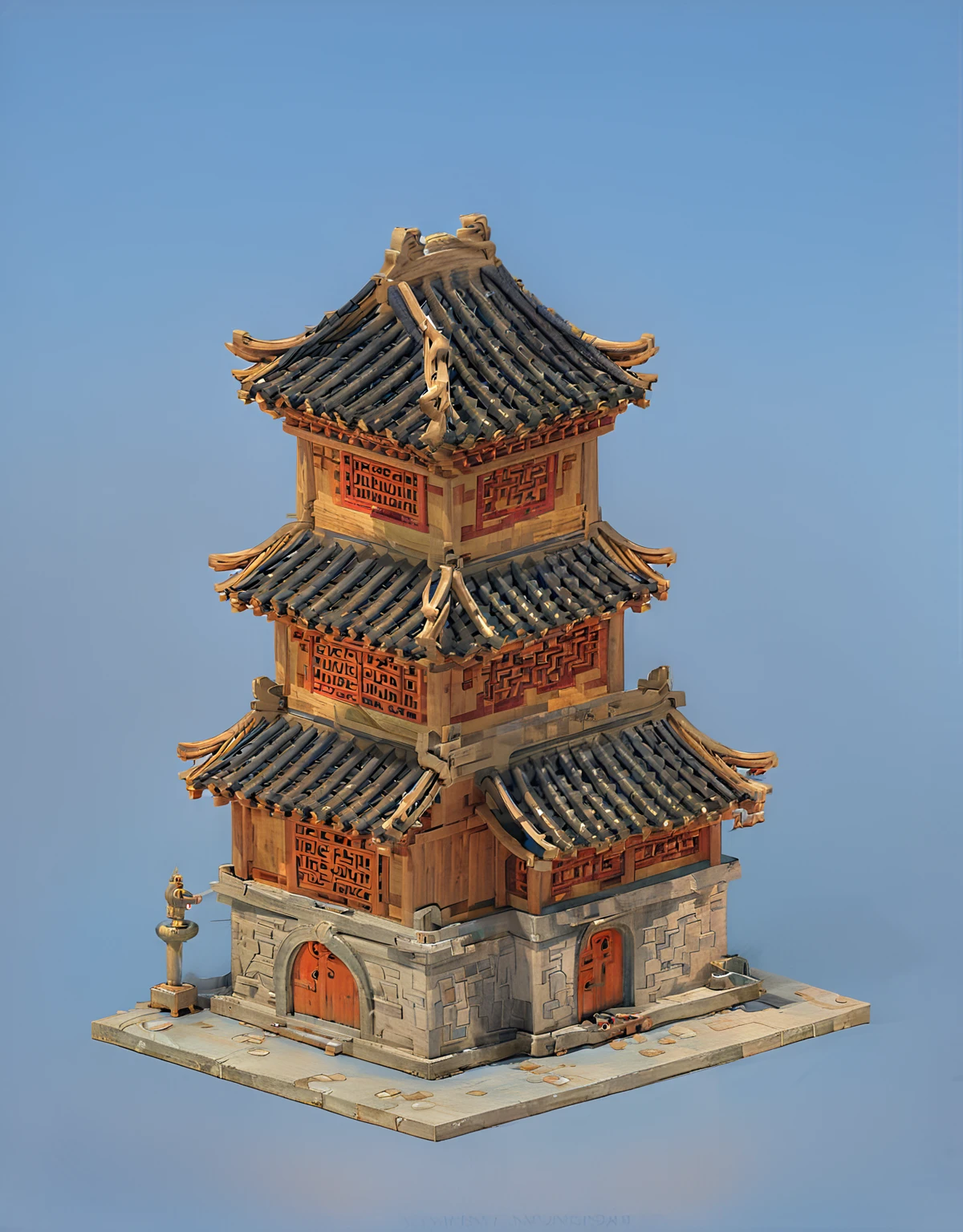 中Ancient buildings，高tower，temple，tower，Wooden structure，Mortise and tenon，Ancient buildings，Model style，Sky background，Single building，High-resolution details，best quality