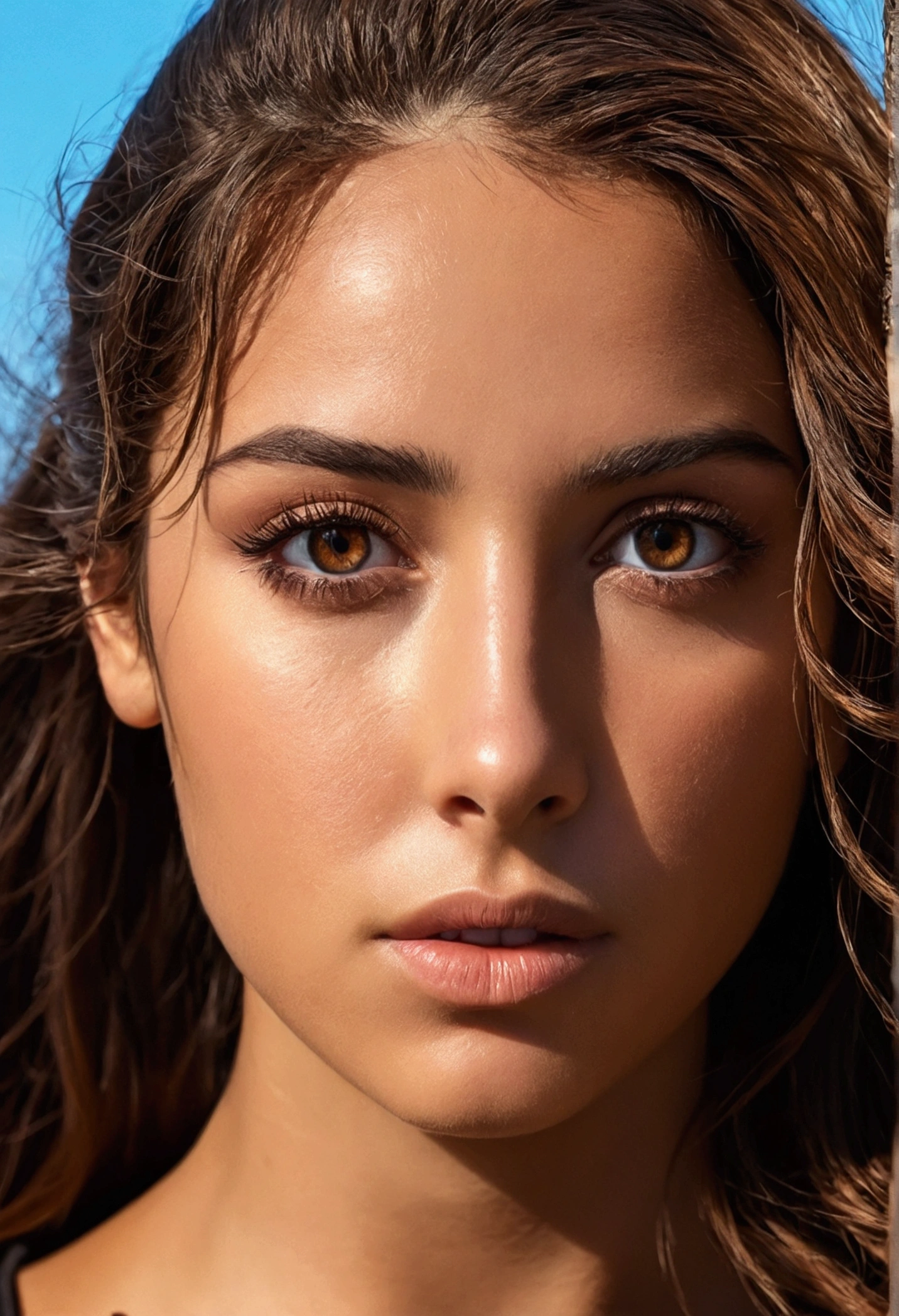 1 femme,hispanique, cheveux bruns claire longs et ondulés, yeux marron foncé, nature, qui fait du sport, 4k, visage ultra realiste