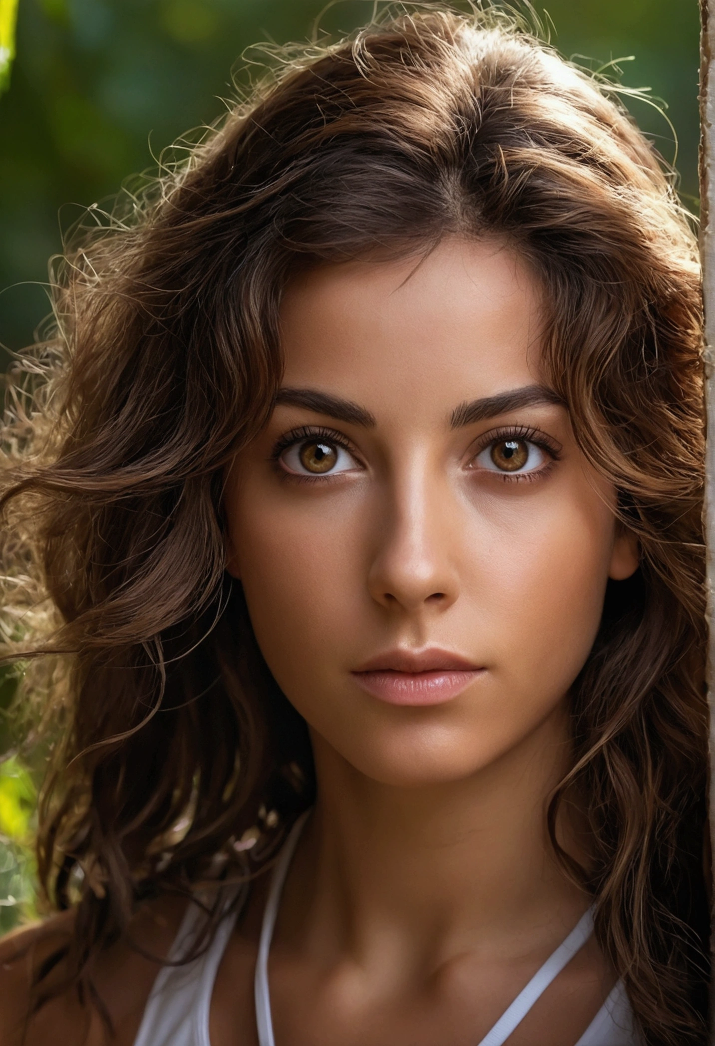 1 femme,hispanique, cheveux bruns claire longs et ondulés, yeux marron foncé, nature, qui fait du sport, 4k, visage ultra realiste