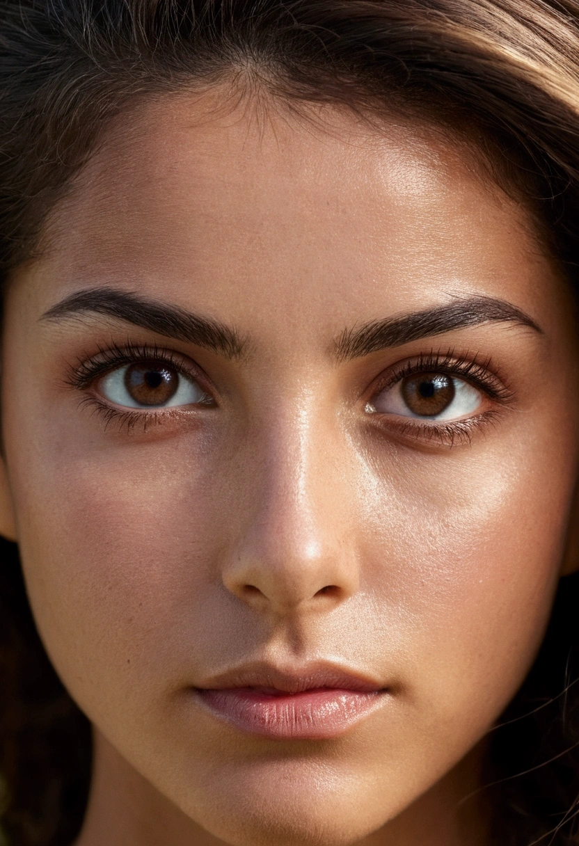 1 femme,hispanique, cheveux bruns claire longs et ondulés, yeux marron foncé, nature, qui fait du sport, 4k, visage ultra realiste