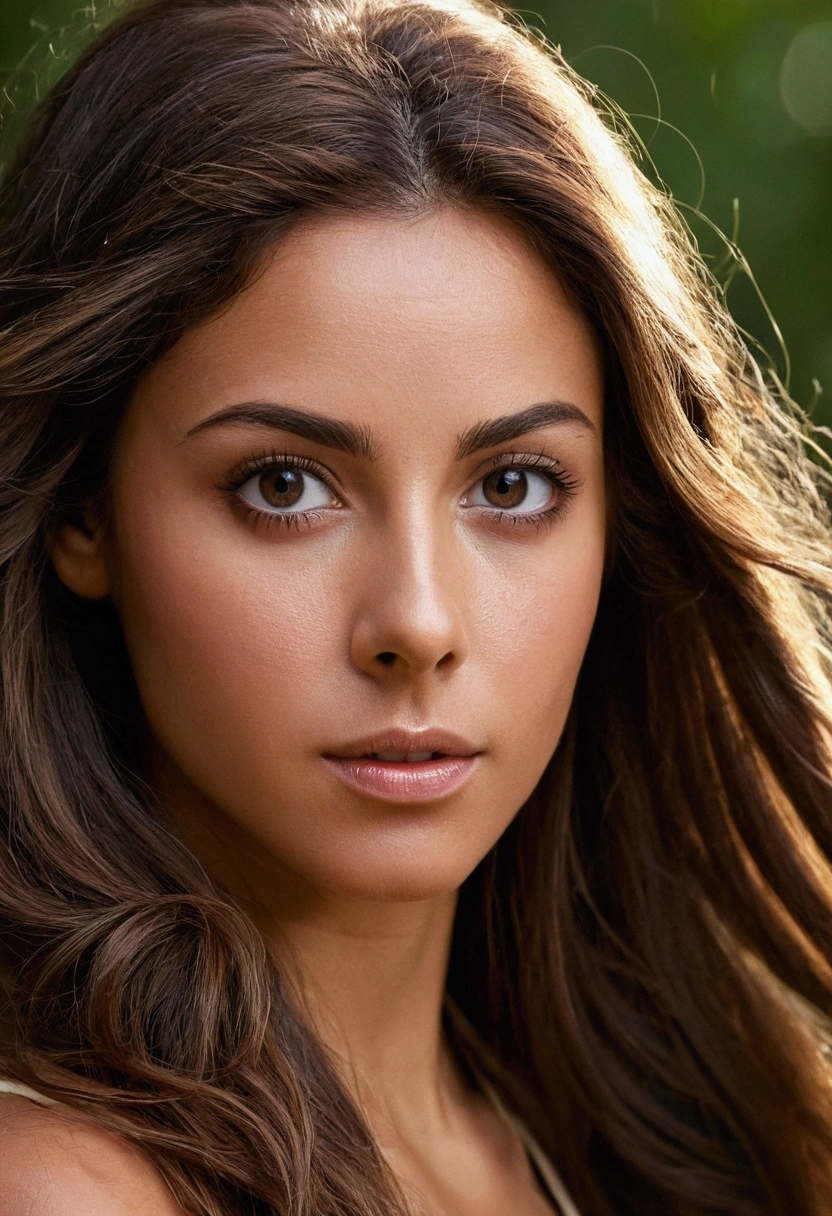 A photorealistic portrait of a 33-year-old Brazilian woman with long brown hair, a small mole to the left of the mouth and between the nose and nose, green and brown eyes and perfect body. It should have a natural, approachable expression and be illuminated by soft, golden sunlight. The bottom must be at the bottom of Cristo Rei in Lisbon. Capture this image with a high-resolution photograph using an 85mm lens for a flattering perspective.