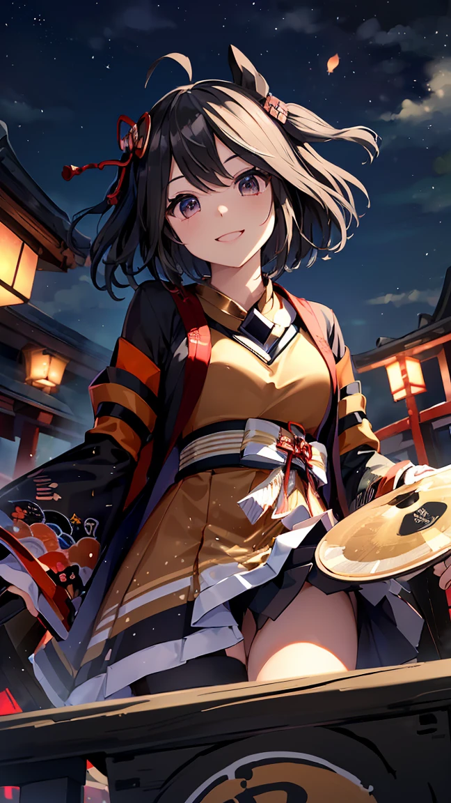 masterpiece, Highest quality, High resolution, Very detailed,(((Kitasan Black))), (((Private Server)))、(((Playing the drums。)))、(((smile)))、(((Lantern)))、(((Night Sky)))、(((Japanese Style Town)))、(((Beautiful Eyes)))