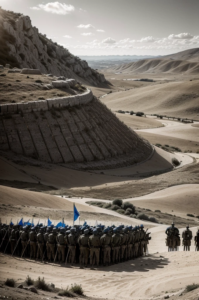 Create a wide panoramic view of two opposite hills with a valley between them. At the top of the hill on the left, illustrate the Israelite camp with tents, flags, and armed soldiers. On the right side, show the Philistine camp, similarly set up but with a more menacing atmosphere.
Details to include:
- The sky should be partly cloudy, suggesting the tension of the moment.
- Flags of Israel and the Philistines should be fluttering in the wind.
- The Israelite soldiers should be depicted in simple armor, with some sitting and others standing, all attentive to the situation.
- The Philistine side should have soldiers in more elaborate armor and a greater number of soldiers.