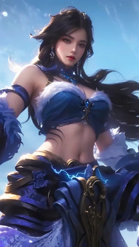 a close up of a woman in a beautiful blue dress, holding a glowing magical sword, intricate detailed face, piercing eyes, lush flowing hair, detailed ornate jewelry, dramatic lighting, fantasy, digital painting, highly detailed, cinematic, masterpiece, 8k, photorealistic