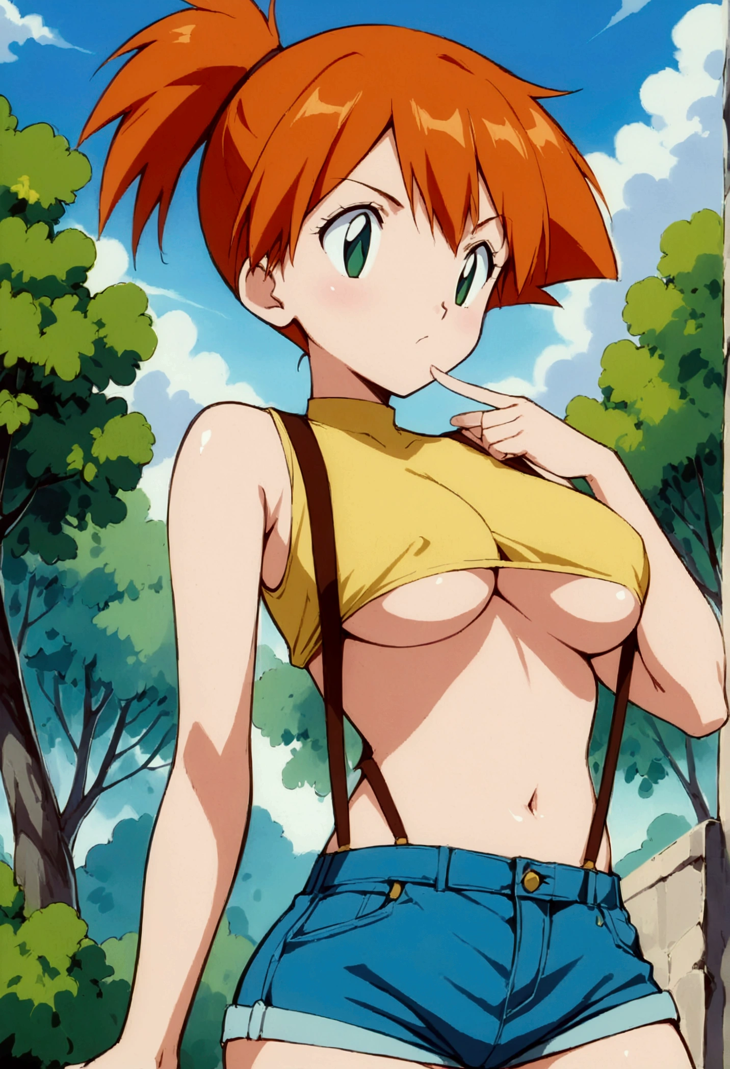 score_9,score_8_up, score_7_up,source_anime.superior, (Insect's Eye).,, masterpiece,bestquality, Highest quality, (mature:1.2) ,1girl, Outdoor, Green Eyes, Orange Hair, , Yellow Shirt, Sleeveless shirt,belly button, Denim shorts, suspenders,  Captivating look,  (slender), delicate curves, ,(under_boob),superfineillustration,extremely detailed CG,(absurdres),contrapposto pose,,1990s_(style)
