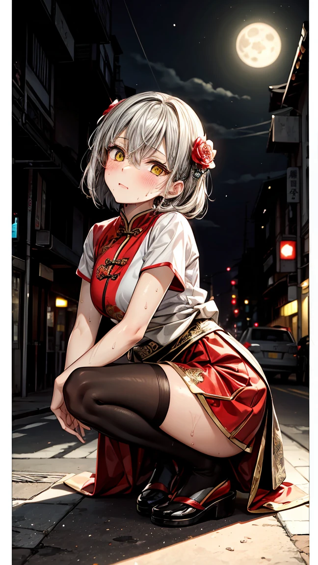 Young girl 14 years old, short silver bob hair, hair flower, sharp bangs between the eyes, yellow eyes, eyes large, traditional chinese imperial clothes black with gold details, red skirt, black thigh high socks. lateral view, fully body, crouched on the street of a Japanese city, at night, with full moon in the background, light reflecting on the sexy and sweaty body. (((sweat)))