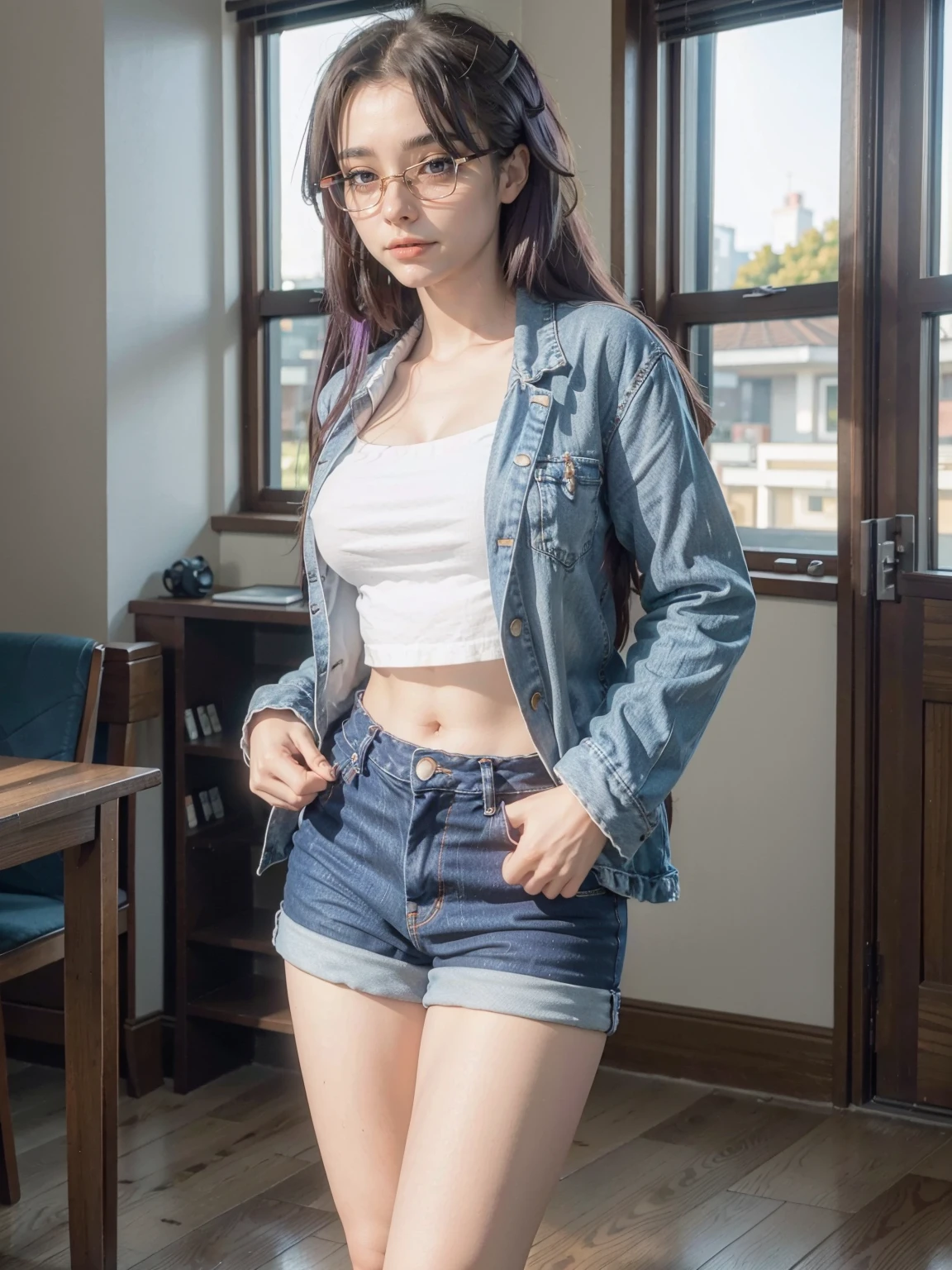 (1 lady), (Best quality at best:1.4), (ultra - detailed), (extremely detailed CG unified 16k), A Beautiful Woman with Perfect Figure: 1.4, Sharp Focus: 1.2, very detailed, High-definition RAW color photo, professional photoshooting, amazing face and eyes, (amazingly beautiful girl), ((masterpiece)), realistic cinematic face, head to feet long wide zoomed out view, full body long view, photorealistic, ((highres)), ((detailed background)), sunset orange sky through window, (ichinose kotomi, reading glasses), gorgeous, extremely beautiful face, perfect model beauty, Highly Detailed Face and Skin Texture, Detailed Eyes, Double Eyelids, ((clothing: blue jean skirt, blazer)), ((realistic natural purple hair style, purple eyes, long hair)), hair ornaments, tarankaaa, not Dasha Taran, library background, extremely detailed, blurred background, depth of field, cinematic lighting, amazing legs, high heels, clear and well-cared skin, athletic, big proportions body, looking at viewer