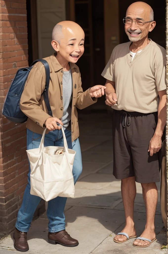 an old, He's light brown, very short semi-bald hair, old clothes and always with a smile on her face and has a magic bag that throws shit