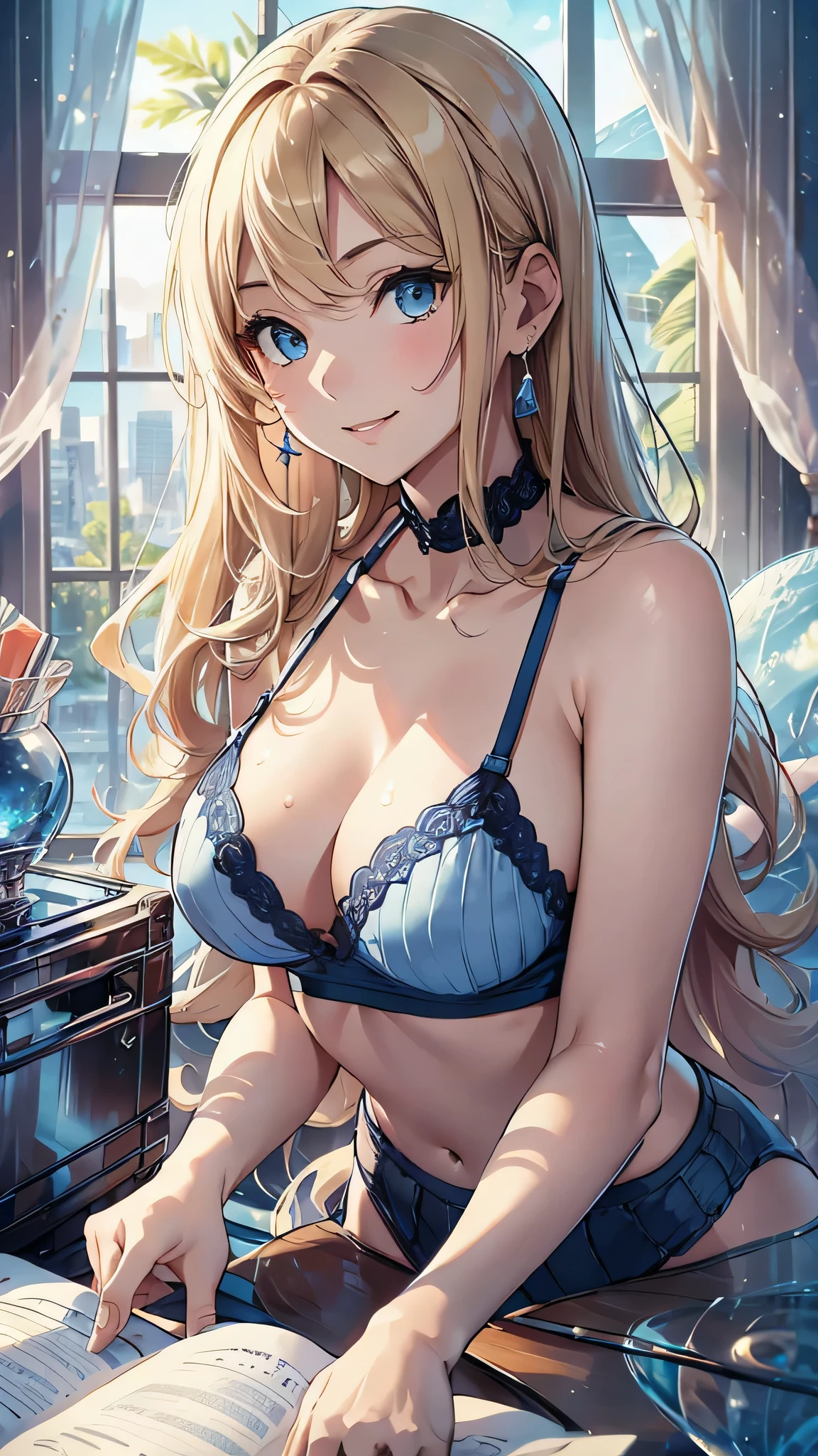 最high quality、Best image quality、masterpiece、With a girl((cute、、Best Bust、Medium Bust、Beautiful Blue Eyes、Spread your chest wide,Blonde、Slender、The best valley、Blue Tank Top、Blue trousers,Show the whole body、Blue Mesh,swim,smile)）high quality、Beautiful art、background((summertime、large room、cooler、Fan、See-through curtains、White bed、A large number of books)),Tabletop、Exquisite design、Visual Arts、Depth of written boundary、Best lighting、Highest detail、8ｋ