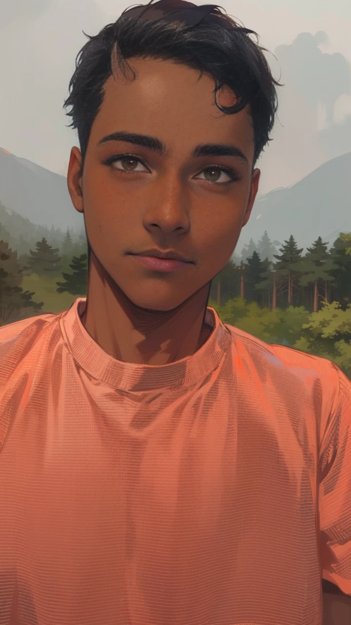 ((1boy,8 years,solo)),sad,(dark skin),((white shirt,short sleeves,black shorts)),Short hair,black hair,elf ears,(horns),(forest background),profile,orange eyes