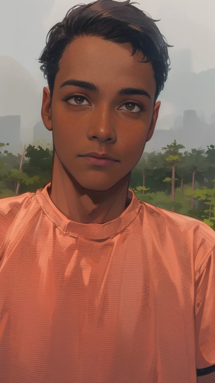((1boy,8 years,solo)),sad,(dark skin),((white shirt,short sleeves,black shorts)),Short hair,black hair,elf ears,(horns),(forest background),profile,orange eyes