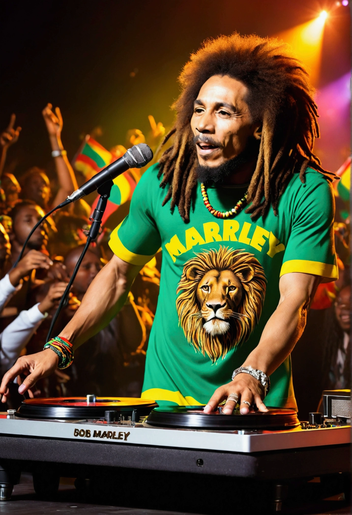 a lion with name DiLi on the 3D blouse ,dj, on stage with record player, crowd, Leisure lights, Nightclub with Jamaican flags with the name written Peace and Love in the background With Bob Marley on the side With Microphone in hand .