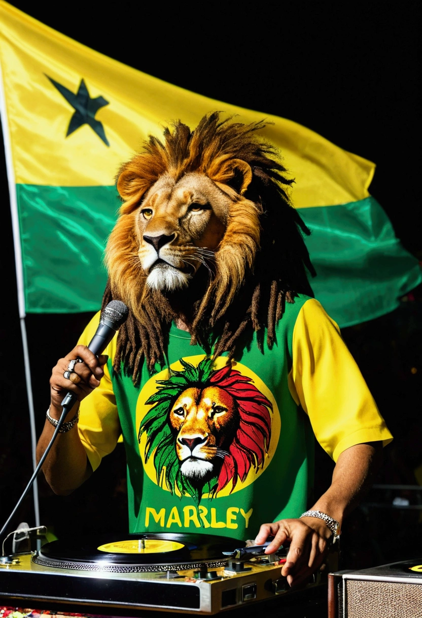 a lion with name DiLi on the 3D blouse ,dj, on stage with record player, crowd, Leisure lights, Nightclub with Jamaican flags with the name written Peace and Love in the background With Bob Marley on the side With Microphone in hand . 