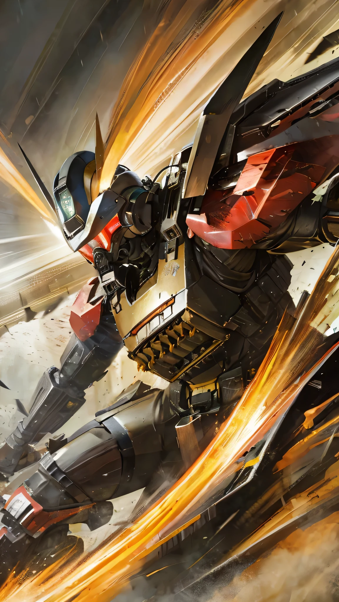 最high quality、Best image quality、masterpiece、Giant Mecha((humanoid、Railgun、Bulletproof vest、Jetpack、Red visor、Run、Chainsaw,Full of wounds,gas mask、Gold Color、Fighting Pose、Muscular)）high quality、Beautiful art、background((underground)),Tabletop、Exquisite design、Visual Arts、Written boundary depth、Best lighting、The finest details、8ｋ
