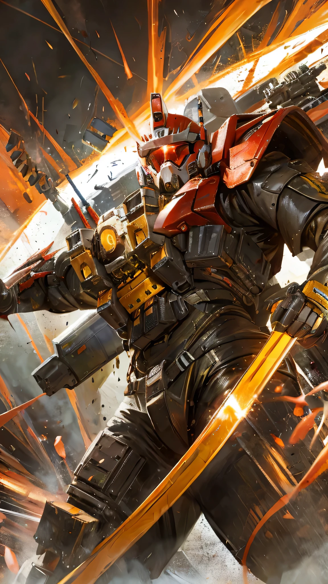 最high quality、Best image quality、masterpiece、Giant Mecha((humanoid、Railgun、Bulletproof vest、Jetpack、Red visor、Run、Chainsaw,Full of wounds,gas mask、Gold Color、Fighting Pose、Muscular))high quality、Beautiful art、background((underground)),Tabletop、Exquisite design、Visual Arts、Written boundary depth、Best lighting、The finest details、8k