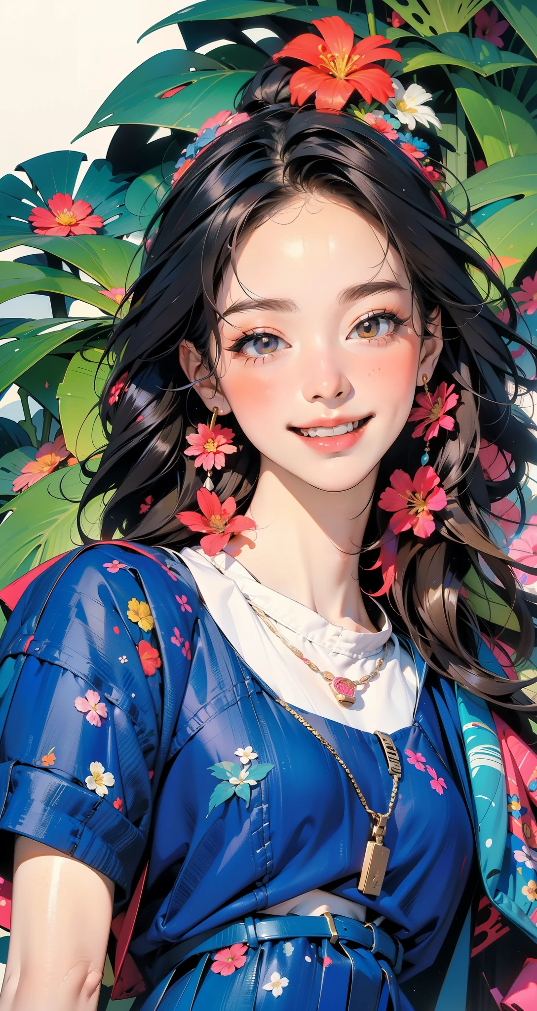 Create digital artwork in the Pop Art style, Featuring a vibrant and confident young Asian girl，street fashion, Movie color scheme, big smile, wink eye, Surrounded by vintage flower motifs, Vibrant brushstrokes,Emotions should be dynamic, Upper body, Drawing, illustration, escala cinza, tropical, Many flowers,