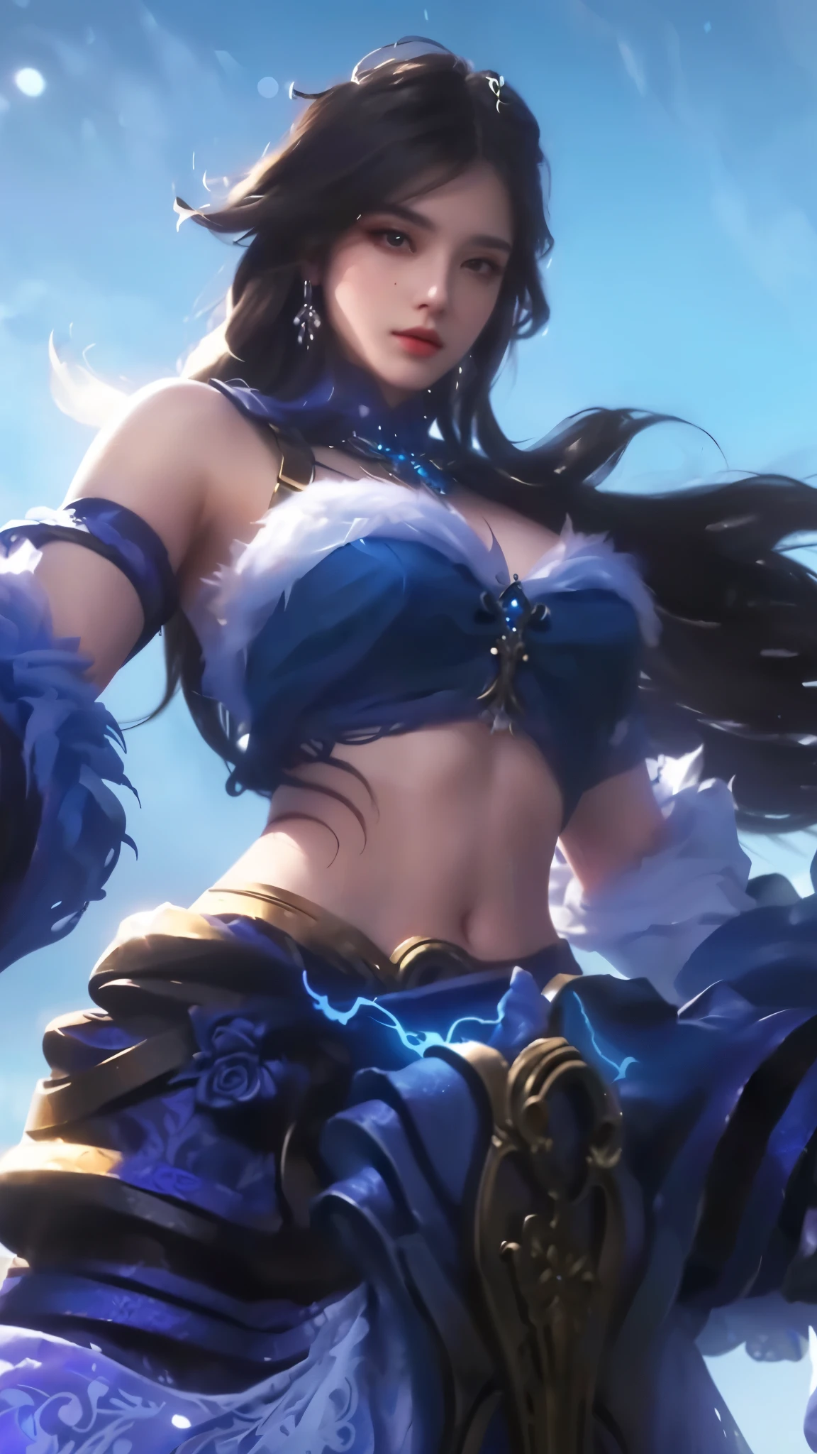 a close up of a woman in a beautiful blue dress, holding a glowing magical sword, intricate detailed face, piercing eyes, lush flowing hair, detailed ornate jewelry, dramatic lighting, fantasy, digital painting, highly detailed, cinematic, masterpiece, 8k, photorealistic