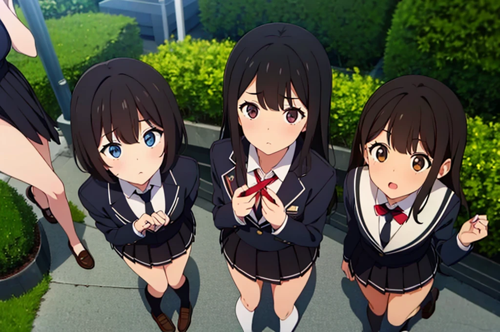 (Three women looking up:1.5) ,Dark Brown Hair,Black Hair,(Nose Brush:1.7) ,Surprised,Open your mouth,(school uniform),(Panties in full view:1.7),(Extremely high quality),(mini skirt),nature,Shiny legs, Thighs,Cute face,tall,night,Street lamp,(squat:1.7),shrine,Forest,From above
