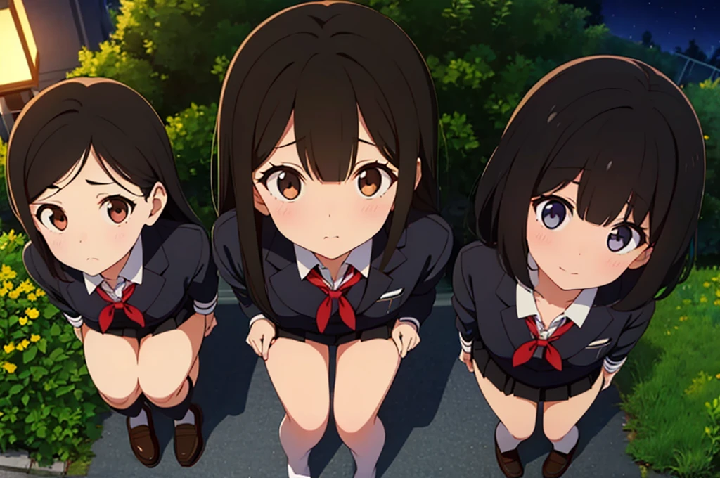 (Three women looking up:1.5) ,Dark Brown Hair,Black Hair,(Nose Brush:1.7) ,Surprised,Open your mouth,(school uniform),(Panties in full view:1.7),(Extremely high quality),(mini skirt),nature,Shiny legs, Thighs,Cute face,tall,night,Street lamp,(squat:1.7),shrine,Forest,From above