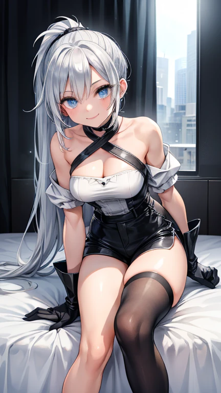 Anime girl with white hair and cat ears, ruby eyes, shy, blush, medium breast, bare legs, high contrast, soft light, master piece, extraordinary nice