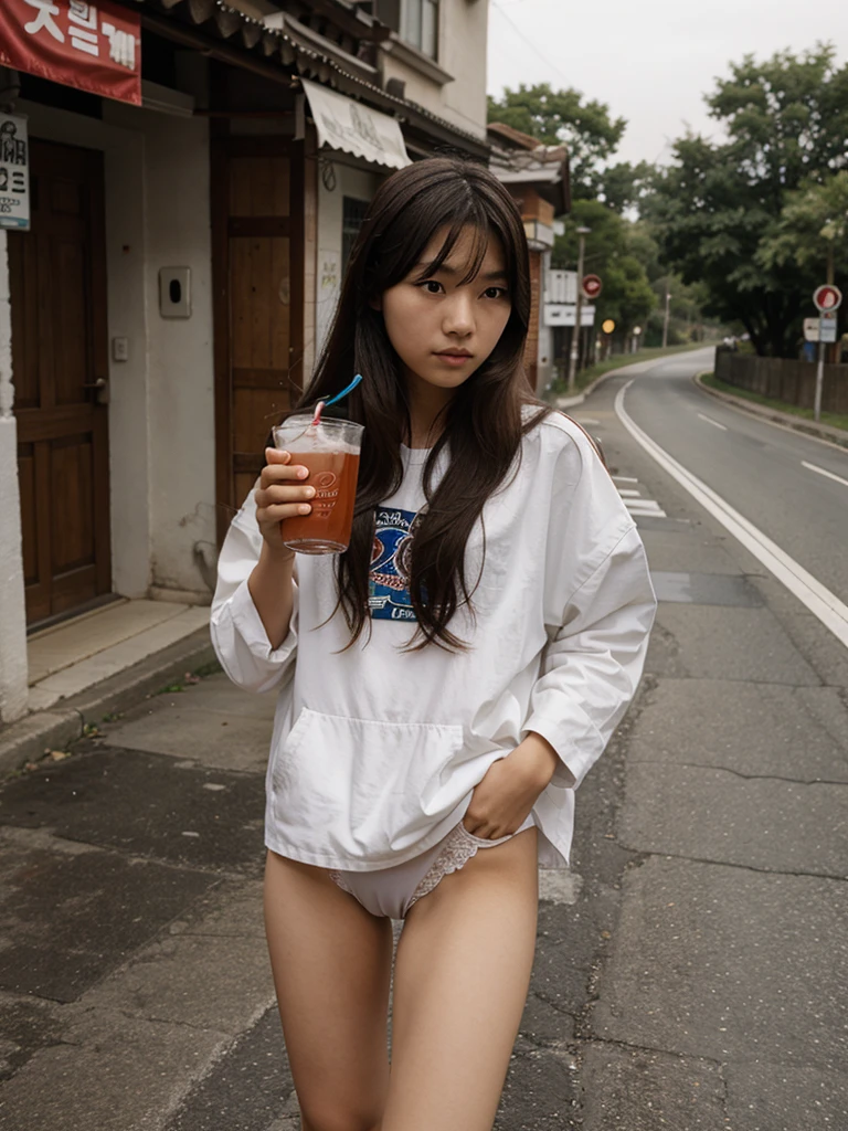 A 15-year-old Korean with long hair,Standing on the road wearing underwear、drinking a drink、looking into camera