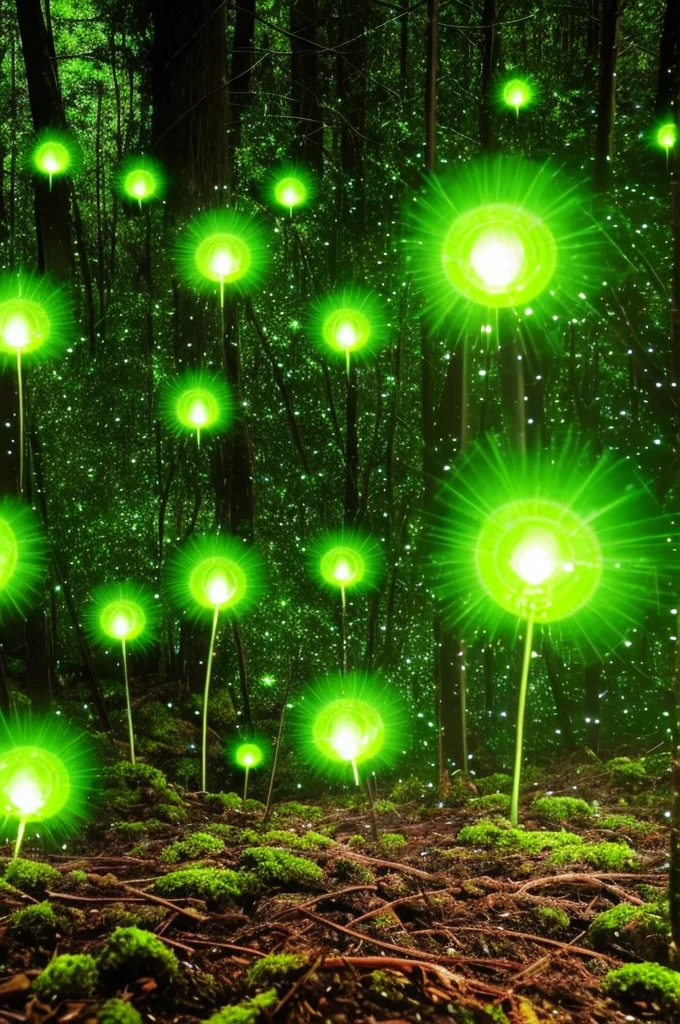 a close up of a tree with a green light in the middle, glowing firebugs, tiny glowbugs everywhere, glowing spores flying, fireflies glow in the dark, bioluminiscent fireflies, glowing fireflies, tiny fireflies glowing, fireflies glowing, bioluminescent forest floor, glowing moss, glowing forest, glowing lights!! highly detailed