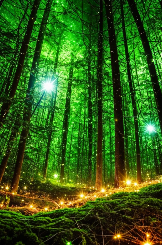 a close up of a tree with a green light in the middle, glowing firebugs, tiny glowbugs everywhere, glowing spores flying, fireflies glow in the dark, bioluminiscent fireflies, glowing fireflies, tiny fireflies glowing, fireflies glowing, bioluminescent forest floor, glowing moss, glowing forest, glowing lights!! highly detailed