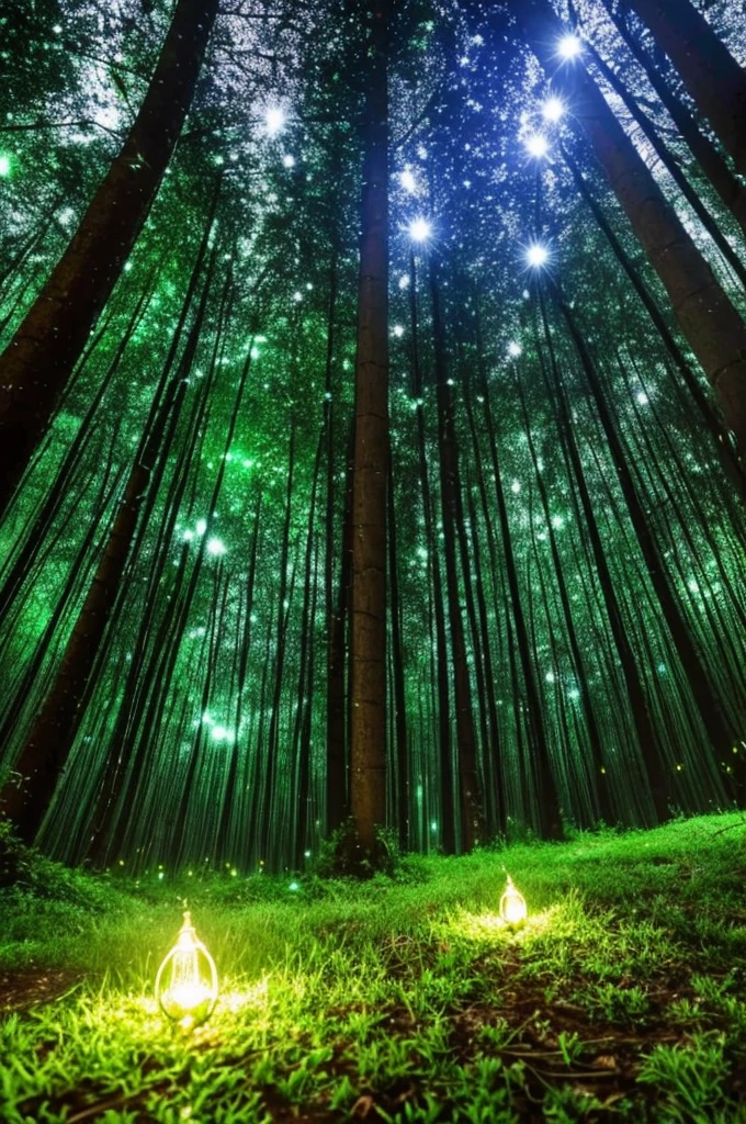 a close up of a tree with a green light in the middle, glowing firebugs, tiny glowbugs everywhere, glowing spores flying, fireflies glow in the dark, bioluminiscent fireflies, glowing fireflies, tiny fireflies glowing, fireflies glowing, bioluminescent forest floor, glowing moss, glowing forest, glowing lights!! highly detailed