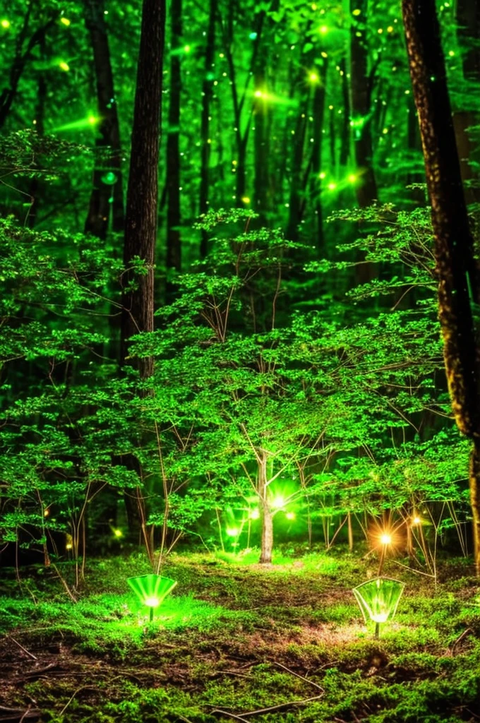 a close up of a tree with a green light in the middle, glowing firebugs, tiny glowbugs everywhere, glowing spores flying, fireflies glow in the dark, bioluminiscent fireflies, glowing fireflies, tiny fireflies glowing, fireflies glowing, bioluminescent forest floor, glowing moss, glowing forest, glowing lights!! highly detailed