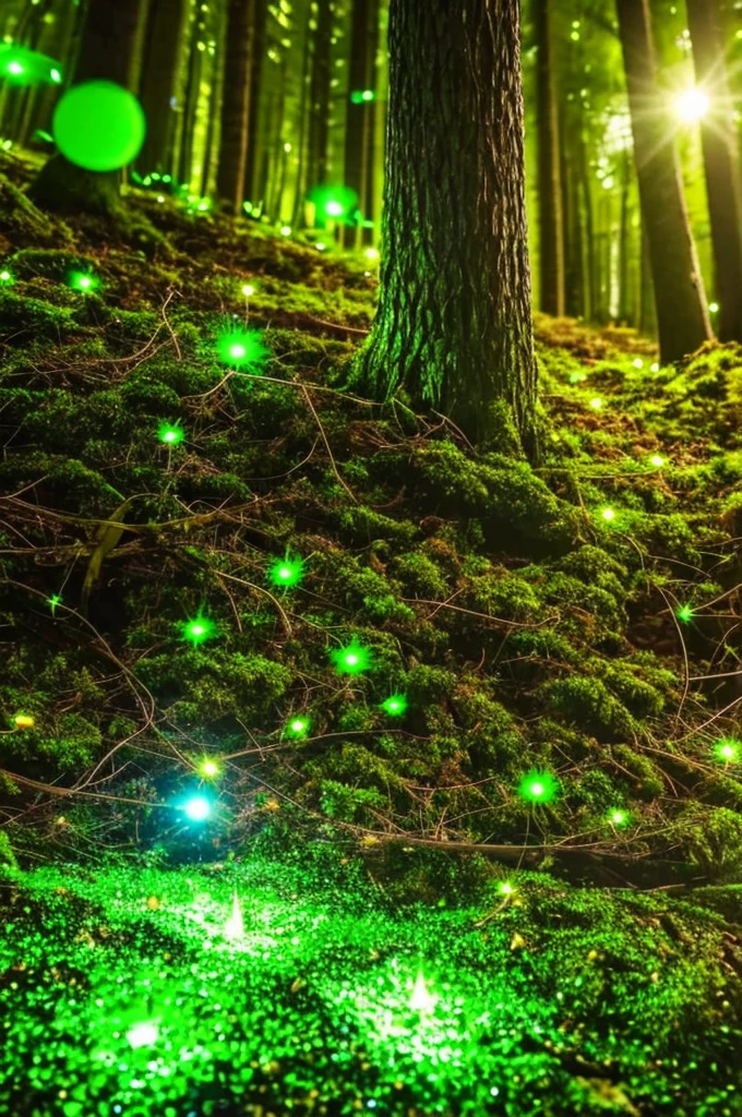 a close up of a tree with a green light in the middle, glowing firebugs, tiny glowbugs everywhere, glowing spores flying, fireflies glow in the dark, bioluminiscent fireflies, glowing fireflies, tiny fireflies glowing, fireflies glowing, bioluminescent forest floor, glowing moss, glowing forest, glowing lights!! highly detailed