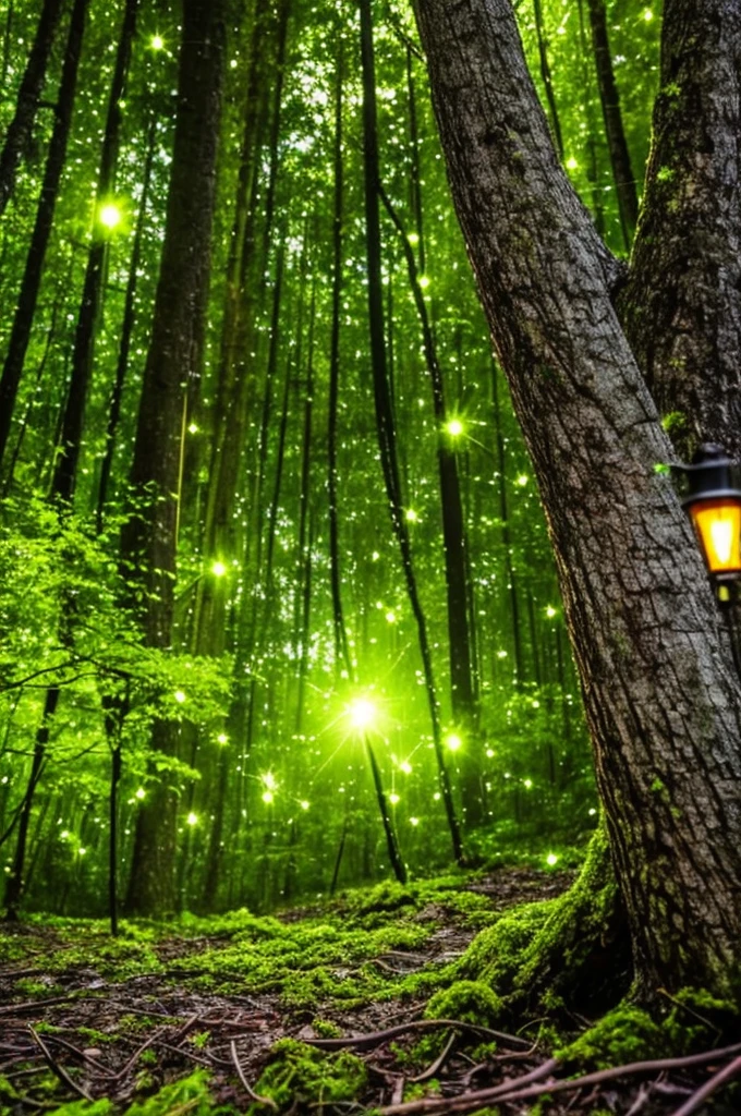 a close up of a tree with a green light in the middle, glowing firebugs, tiny glowbugs everywhere, glowing spores flying, fireflies glow in the dark, bioluminiscent fireflies, glowing fireflies, tiny fireflies glowing, fireflies glowing, bioluminescent forest floor, glowing moss, glowing forest, glowing lights!! highly detailed