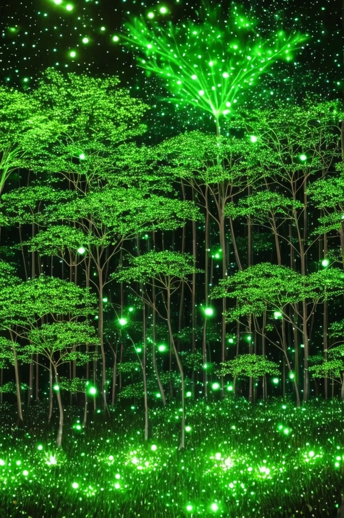 a close up of a tree with a green light in the middle, glowing firebugs, tiny glowbugs everywhere, glowing spores flying, fireflies glow in the dark, bioluminiscent fireflies, glowing fireflies, tiny fireflies glowing, fireflies glowing, bioluminescent forest floor, glowing moss, glowing forest, glowing lights!! highly detailed