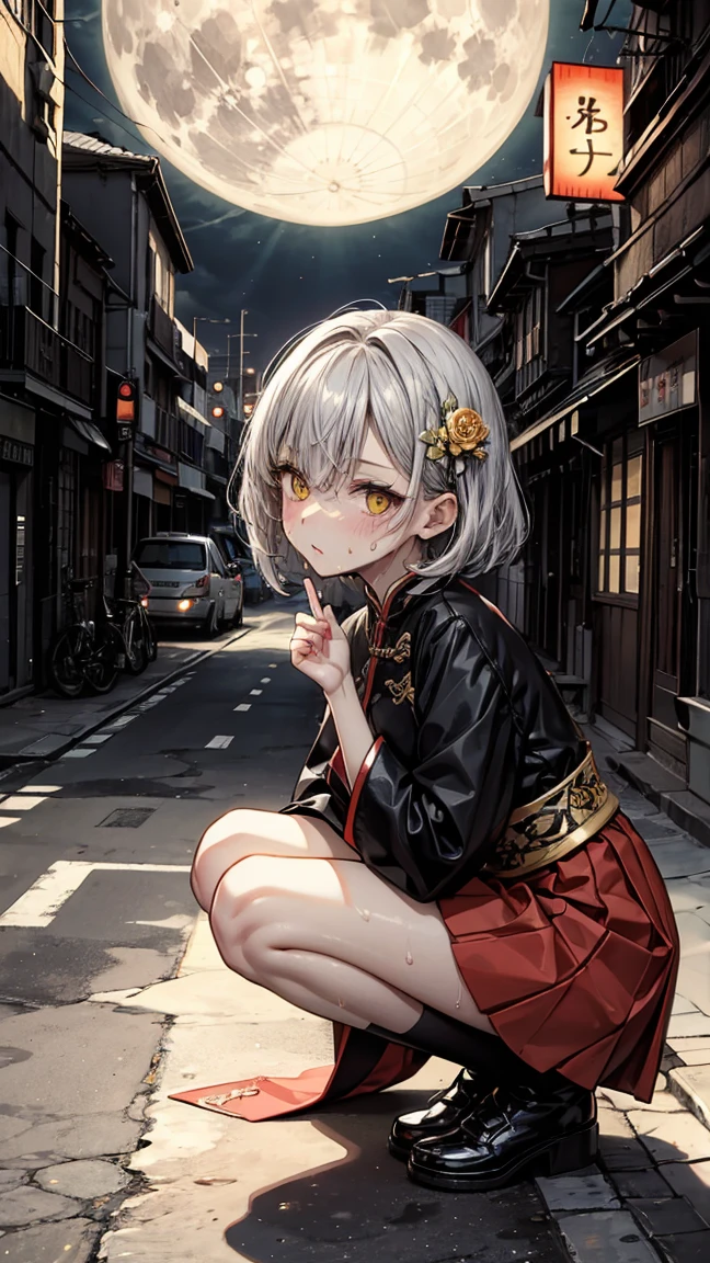 Young girl , short silver bob hair, hair flower, sharp bangs between the eyes, yellow eyes, eyes large, traditional chinese imperial clothes black with gold details, red skirt, black thigh high socks. lateral view, fully body, crouched on the street of a Japanese city, at night, with full moon in the background, light reflecting on the sexy and sweaty body. (((sweat)))