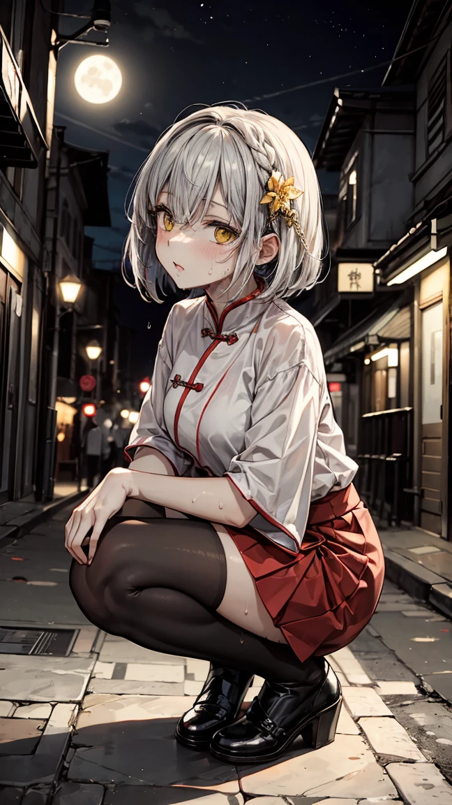 Young girl 14 years old, short silver bob hair, hair flower, sharp bangs between the eyes, yellow eyes, eyes large, traditional chinese imperial clothes black with gold details, red skirt, black thigh high socks. lateral view, fully body, crouched on the street of a Japanese city, at night, with full moon in the background, light reflecting on the sexy and sweaty body. (((sweat)))