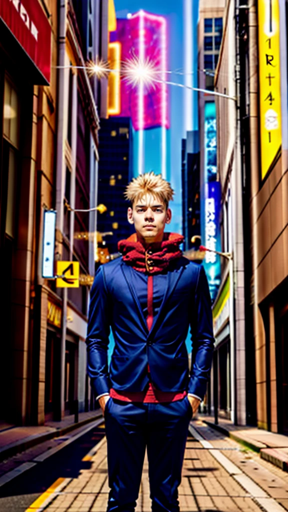 A handsome, dashing young man in the manga series "Jujutsu Kaisen" named, Ita Doti Yuji with his characteristic clothes, black hoodie, and red shoes, with HD, 4K anime photo resolution quality. with a backdrop of sparkling light, body-saving fantasy, and dynamic effects, urban atmosphere, cyberpunk,. AND STANDING IN THE MIDDLE OF THE CITY.