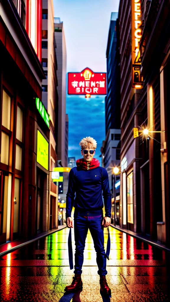 A handsome, dashing young man in the manga series "Jujutsu Kaisen" named, Ita Doti Yuji with his characteristic clothes, black hoodie, and red shoes, with HD, 4K anime photo resolution quality. with a backdrop of sparkling light, body-saving fantasy, and dynamic effects, urban atmosphere, cyberpunk,. AND STANDING IN THE MIDDLE OF THE CITY.