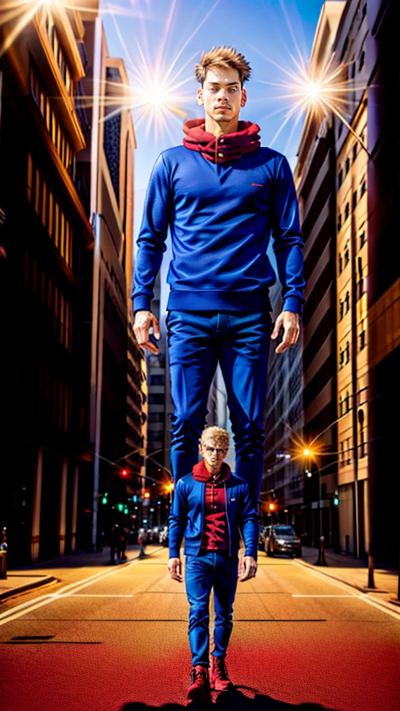 A handsome, dashing young man in the manga series "Jujutsu Kaisen" named, Ita Doti Yuji with his characteristic clothes, black hoodie, and red shoes, with HD, 4K anime photo resolution quality. with a backdrop of sparkling light, body-saving fantasy, and dynamic effects, urban atmosphere, cyberpunk,. AND STANDING IN THE MIDDLE OF THE CITY.
