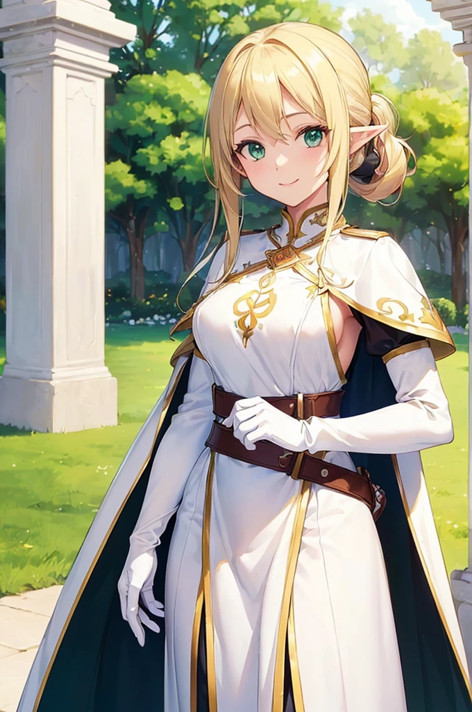 (((masterpiece; best quality: 1.2))), (finely detailed eyes: 1.3), (25 year old elf woman), (solo), (green eyes: 1.4), (body; buxom, fit, femenine: 1.3), (silky blonde hair in low ponytail: 1.3), (beautiful and clear background: 1.2), ((depth of field)), (equipment: adventurer attire + modest + long white tunic-coat + white cape + black longskirt + gloves + belt + pouches: 1.3), (anime illustration: 1.2), (background composition; royal garden: 1.1), (extremely fine and beautiful: 1.1), (shot composition; standing + centered on torso + close-up: 1.5), (expression; calm, smile: 1.2)