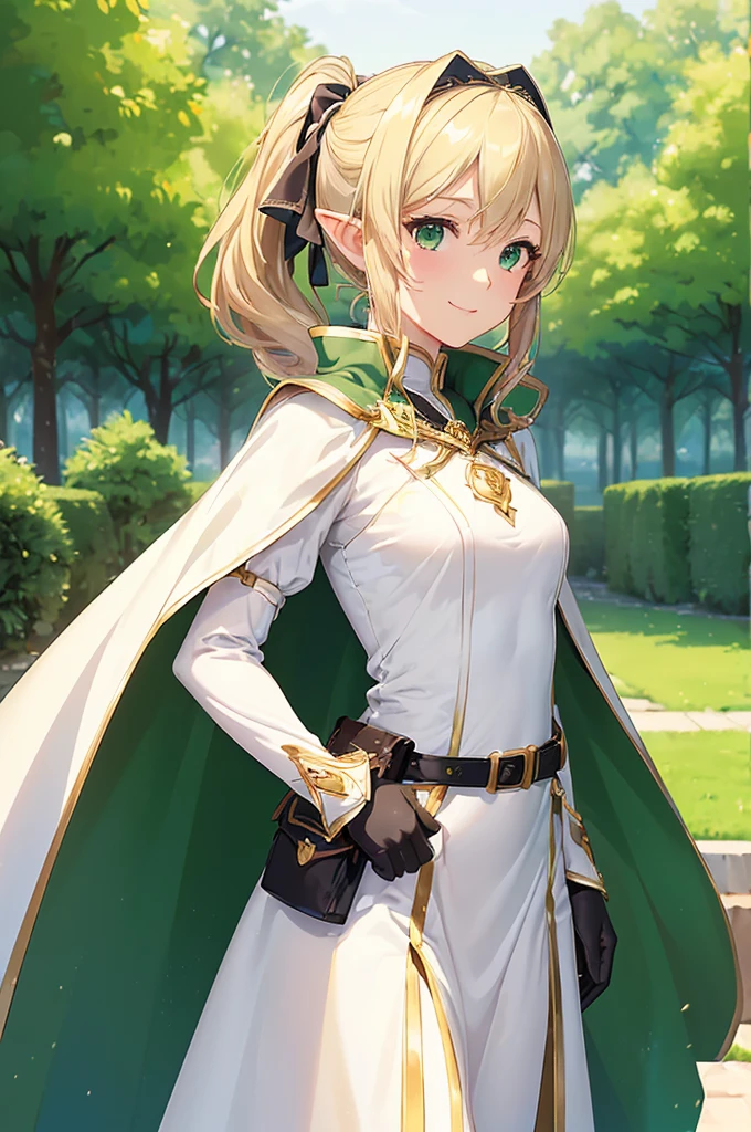 (((masterpiece; best quality: 1.2))), (finely detailed eyes: 1.3), (25 year old elf woman), (solo), (green eyes: 1.4), (body; buxom, fit, femenine: 1.3), (silky blonde hair in low ponytail: 1.3), (beautiful and clear background: 1.2), ((depth of field)), (equipment: adventurer attire + modest + long white tunic-coat + white cape + black longskirt + gloves + belt + pouches: 1.3), (anime illustration: 1.2), (background composition; royal garden: 1.1), (extremely fine and beautiful: 1.1), (shot composition; standing + centered on torso + close-up: 1.5), (expression; calm, smile: 1.2)