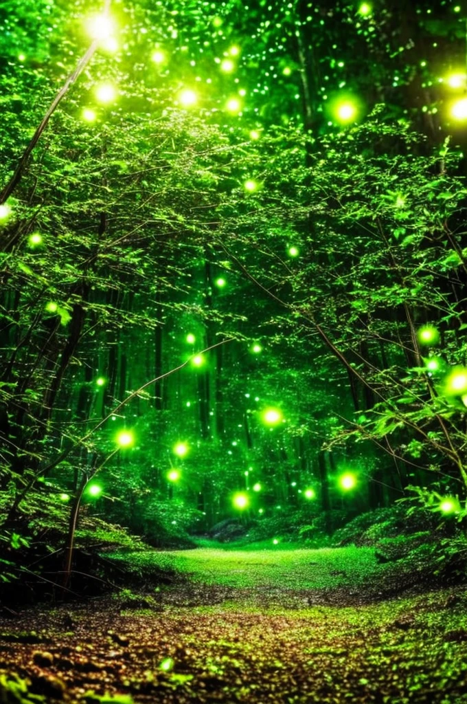 a close up of a tree with a green light in the middle, glowing firebugs, tiny glowbugs everywhere, glowing spores flying, fireflies glow in the dark, bioluminiscent fireflies, glowing fireflies, tiny fireflies glowing, fireflies glowing, bioluminescent forest floor, glowing moss, glowing forest, glowing lights!! highly detailed