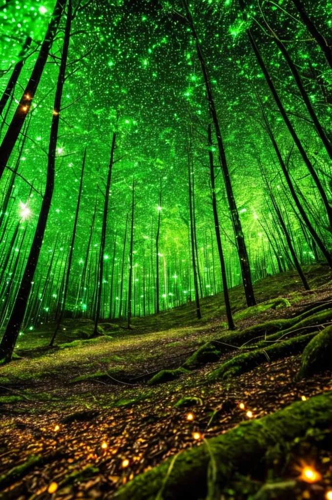 a close up of a tree with a green light in the middle, glowing firebugs, tiny glowbugs everywhere, glowing spores flying, fireflies glow in the dark, bioluminiscent fireflies, glowing fireflies, tiny fireflies glowing, fireflies glowing, bioluminescent forest floor, glowing moss, glowing forest, glowing lights!! highly detailed