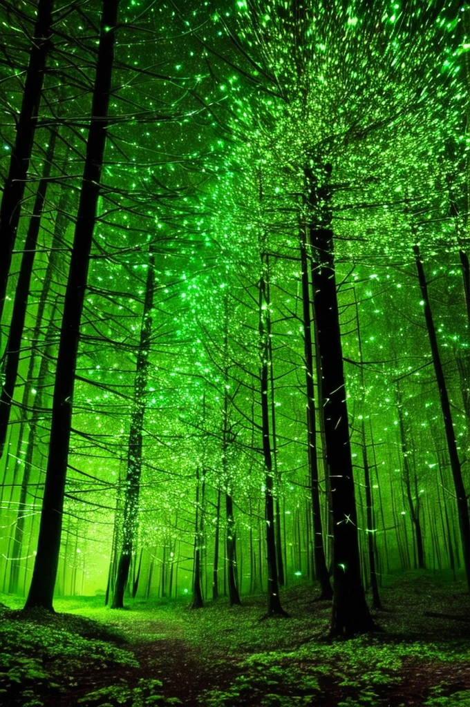a close up of a tree with a green light in the middle, glowing firebugs, tiny glowbugs everywhere, glowing spores flying, fireflies glow in the dark, bioluminiscent fireflies, glowing fireflies, tiny fireflies glowing, fireflies glowing, bioluminescent forest floor, glowing moss, glowing forest, glowing lights!! highly detailed