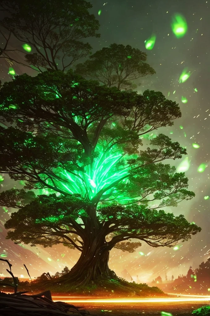 a close up of a tree with a green light in the middle, concept art inspired by Wadim Kashin, trending on cgsociety, conceptual art, glowing firebugs, tiny glowbugs everywhere, glowing spores flying, fireflies glow in the dark, bioluminiscent fireflies, glowing fireflies, tiny fireflies glowing, fireflies glowing